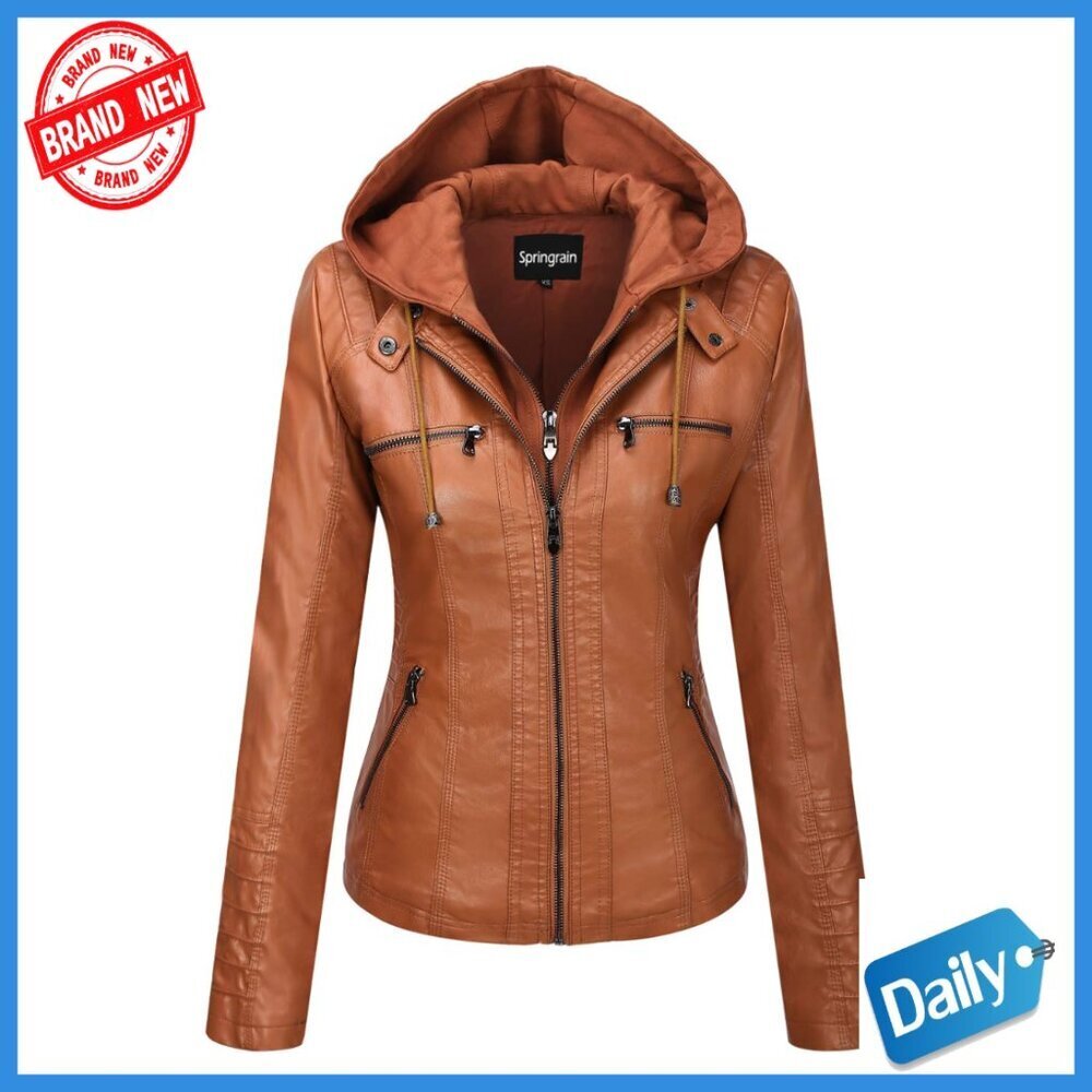 Faux Leather Moto Jacket with Detachable Hood Slim Fit Long Sleeve